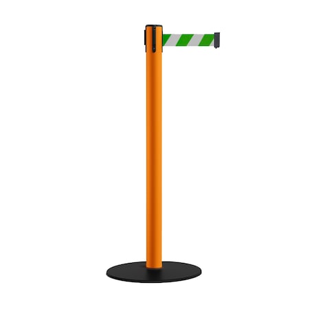 Montour Line Retractable Belt Stanchion, Low Base, 2.5" Orange Post 7.5'Grn/Wh Belt S400-OR-GWD-75